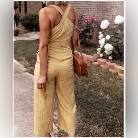 Emmer & Oat Jumpsuit Halter Pinstripes Mustard Cotton Blend Size Small Pockets - Picture 11 of 13
